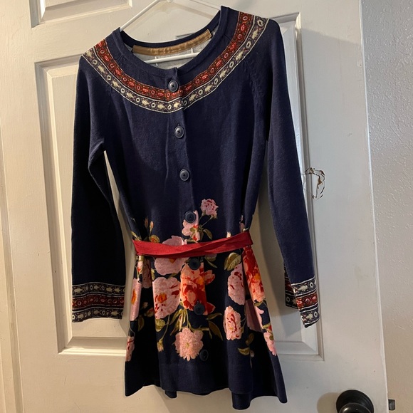 Anthropologie Sweaters - Anthropologie Navy Floral Cardigan with Red Belt